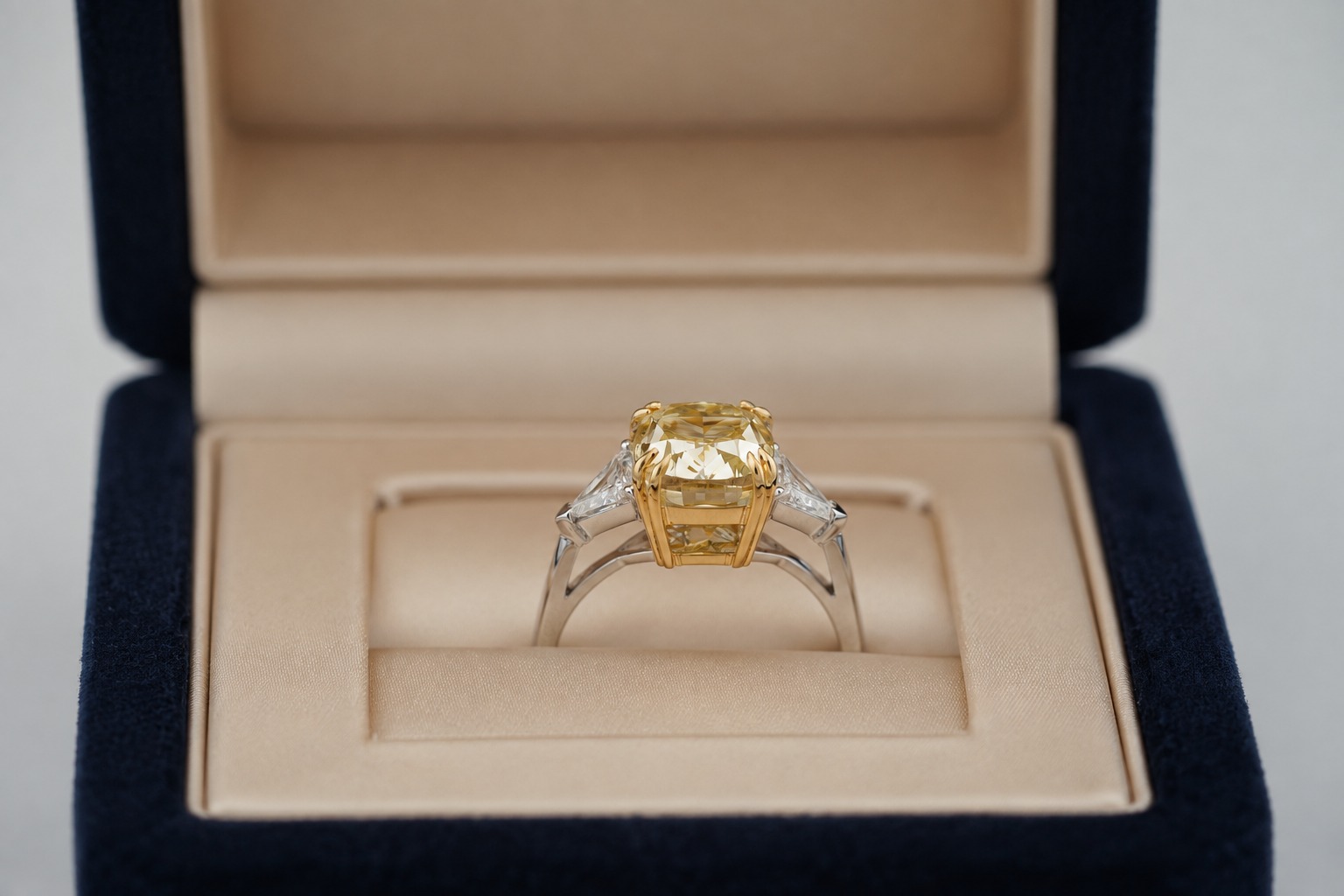Diamante fancy yellow 4.80 ct con trillion laterali, presentazione in astuccio — Antinori Di Sanpietro